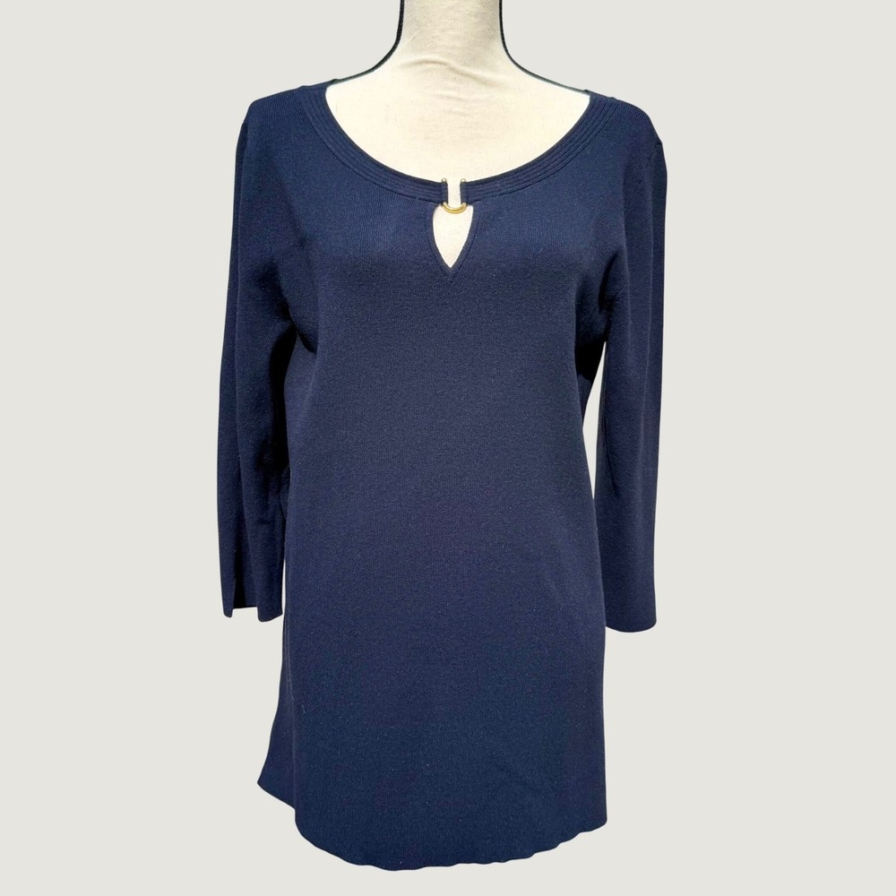 Dana Buchman Navy Blue Keyhole Tunic Sweater Gold Hardware 3/4 Sleeve Large